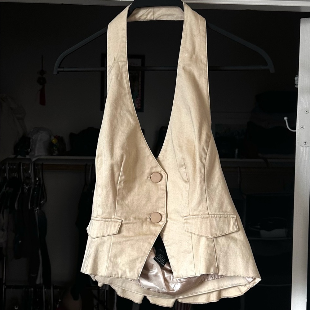 VINTAGE 90S Beige Backless Cropped Vest Halter Top With Ruffles Sexy Size-Large